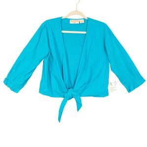 NWT Vermont Country Store Blue Crinkle Broomstick 3/4 Sleeve Tie Top SIZE SMALL